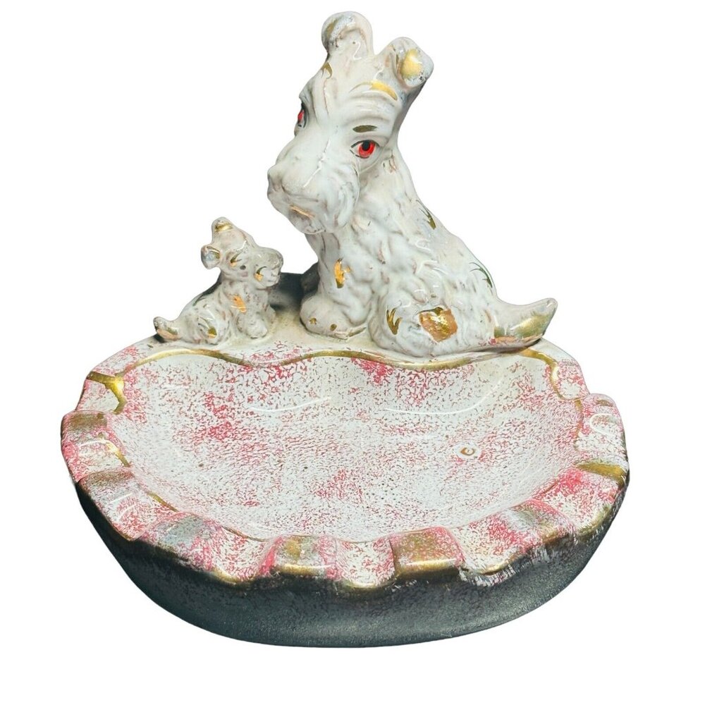 Vintage Scottie Schnauzer Dog Ceramic Ashtray Retro Pink Gold White Trinket Tray - Picture 3 of 14